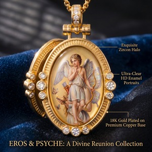 Collier en laiton plaqué or avec pendentif Eros Psyche, mythologie grecque romantique, zircon et émail artisanal, bijoux de la Saint-Valentin, vente en gros - Product Image 2