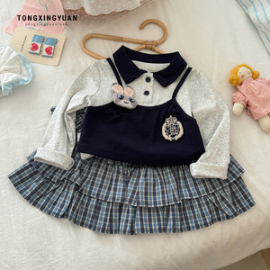 Tongxingyuan Girl's <b>Rabbit</b> Officer <b>Outfit</b> Spring Two-Piece Set With Plaid Skirt And Embroidered Top For Baby Girls - Product Image 1