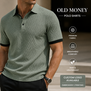 Polo de golf pour homme en tricot texturé de luxe sur mesure, col contrasté style Old Money, fabricant OEM ODM à marque privée - Product Image 2