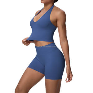 Vêtements de yoga pour femmes, soutien-gorge de sport et short à séchage rapide, vêtements de sport OEM, ensemble de yoga pour femmes, compression extensible, col halterneck, froncé - Product Image 6