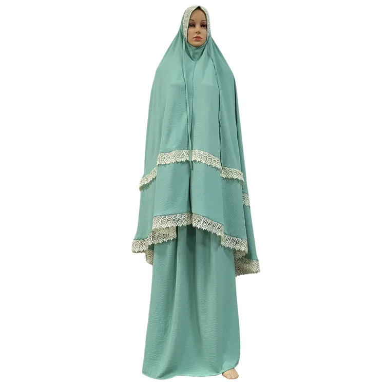 Mulheres Duas Peças Para Guipure Conjunto De Oração Detalhada Abaya Batwing Hijab Vestido Muçulmano Kimono Kaftan Robe Long Khimar Pano Islâmico