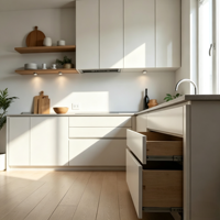 Meubles de cuisine modulaires personnalisés de style minimaliste nordique, blancs, sans poignées, avec étagères ouvertes en bois