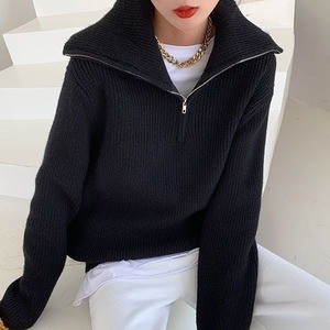 Suéter de punto holgado con cremallera para mujer, colores blanco roto, gris, negro, rosa, caqui, azul, camel, talla única, cuello polo, estilo japonés y coreano - Product Image 3