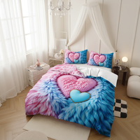 Ensemble de housse de couette et de drap de lit pour chambre à coucher, imprimé en fourrure simulée en forme de cœur rose et bleu