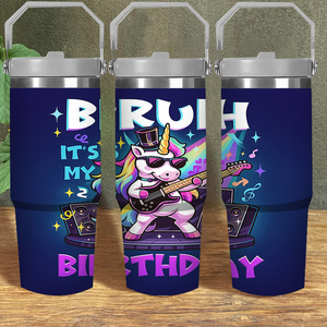 Vaso Térmico de Acero Inoxidable de 30oz, Ecológico y Duradero, con Diseño de Unicornio '<span class=keywords><strong>Es</strong></span> Mi Cumpleaños', Asa de Guitarra Rockstar, Taza de Viaje Divertida para Cumpleaños - Product Image 1