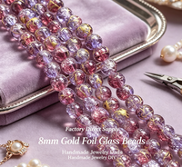 Perles en verre rondes de 8 mm en vrac, motif floral écrasé, feuille d'or, incrustées de paillettes dorées, pour bracelet et collier DIY