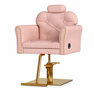 Sillón de Peluquería de Lujo Estilo Francés, en Cuero Rosa con Tachuelas Doradas, Hidráulico y Reclinable - Product Image 2