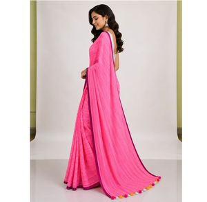 Sari de Algodón Rosa Mul para Mujer, Tejido Clásico a Rayas, Tela Suave y Transpirable, Elegante, Tradicional, para Festivales, Ropa Étnica - Product Image 2