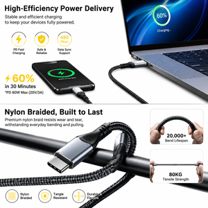 Cable USB C a Micro USB LUNG KAY, Carga Rápida de 3A, Sincronización de Datos de 480 Mbps, Núcleo de Cobre Puro, Carcasa de Aluminio con Trenzado de Nailon para Laptop - Product Image 4