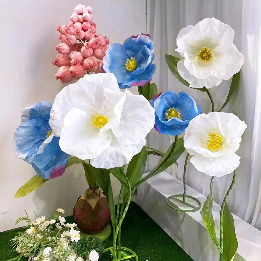 H0644 Fleurs de pavot de pivoine géante avec support de tige Têtes de 30 à 100cm Simulation artificielle en soie faite à la main Grandes fleurs géantes en organza