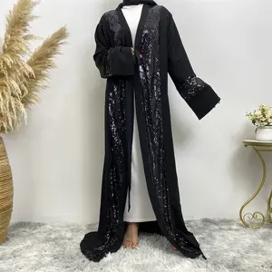 New Arrival Fashion Sequins Kimono Abaya Islamic Clothing Popular Black Front Open Cardigan
