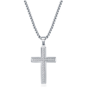 Diamond-<b>Studded</b> Cross Necklace Stainless Steel Pendant 26mm Pave Setting <b>For</b> <b>Men</b> Gift Daily Wear - Product Image 2