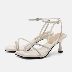 Sandali con <span class=keywords><strong>Tacco</strong></span> Alto Y 35-40 <span class=keywords><strong>Beige</strong></span> Nero Argento per Donne, <span class=keywords><strong>Scarpe</strong></span> con Punta Quadrata e Strass - Product Image 1