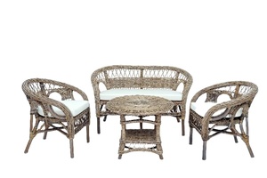 Rattan Two Seat Living Room Sofa Set with Cushions Round Coffee Table Asian Style Furniture for Villa & Courtyard Use - Product Image 2