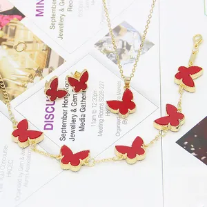 3pcs/set cheapest gold plated double sided butterfly jewelry sets luxury designer four leaf clover jewelry set for women