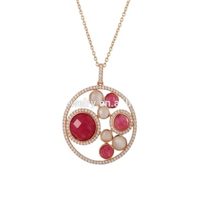 Ultima collana in argento Sterling da donna placcata oro con grande pendente rotondo in pietra preziosa <span class=keywords><strong>rubino</strong></span> per feste - Product Image 1