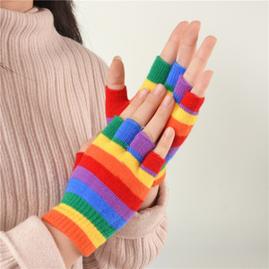 Gants arc-en-ciel ouvert <span class=keywords><strong>sans</strong></span> <span class=keywords><strong>doigts</strong></span>, pour enfants, en tricot, doux, chauds et colorés, d'hiver, personnalisés, collection - Product Image 3