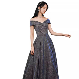 Evening Gown Women Off The Shoulder <b>Glitter</b> Empire Waist <b>Blue</b> Polyester Party Banquet Dress 2026 New Style - Product Image 5