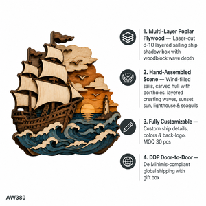 Art de la marine en boîte de présentation Sea Shadow |   Contreplaqué peuplier découpé au laser en 3D avec effet de profondeur |   Salon ou bureau au thème du coucher de soleil nautique |   Cadeau personnalisable - Product Image 4