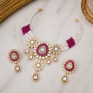 Elegant 925 <b>Silver</b> Necklace and Earrings Set with Pink and White Beads Traditional Indian Bridal Jewelry for Women - Product Image 3