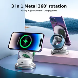Foldable 15W Magnetic 3 In 1 Folding Mobile Phone Stand Wireless Charger For Iphone