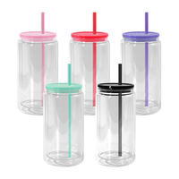 Gobelet en plastique à double paroi pré-percé de 16 oz, globe à neige en plastique, pot Mason avec couvercles colorés et paille avec bouchon