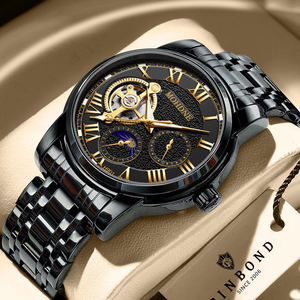 Black Mechanical <b>Watch</b> <b>Men's</b> Casual Business Tourbillon Hollow Automatic <b>Waterproof</b> Multifunctional Fashion Steel Strap <b>Watch</b> - Product Image 1