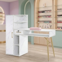 Table de manucure moderne avec texture marbre, bureau à ongles avec 1 tiroir verrouillable, armoire à 4 niveaux, salon de beauté pour techniciennes en ongles