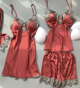 Conjunto de pijama feminino cetim renda, conjunto de lingerie sexy de seda roupa noturna