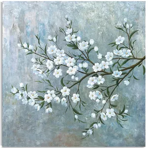 Kunst Kirschblüte Leinwand Wand kunst mit strukturierten blaugrünen und weißen Magnolie Blumenmalerei Bilder Pflaumen blüte Kunstwerk für Livi