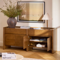 Buffet de style Japandi en chêne foncé de 70 pouces avec panneaux latéraux arrondis, armoire à 4 portes, meuble de salle à manger de luxe de qualité ENF