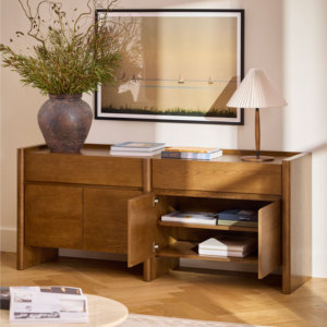 Buffet de style Japandi <span class=keywords><strong>en</strong></span> chêne foncé de 70 pouces avec panneaux latéraux arrondis, armoire à 4 portes, meuble de salle à manger de luxe de qualité ENF - Product Image 2