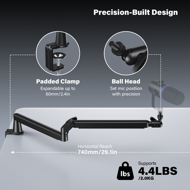 CMTECK AS17S OEM Custom 360 Degree Rotating Adjustable Low Profile Microphone Arm Hidden Cable Management Durable Stand