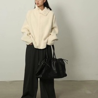Kardigan Rajut Wanita Warna Abu-abu Kancing Depan Kerah Berdiri Model Longgar Atasan Sweater Kasual Streetwear untuk Musim Gugur Musim Dingin Kantor Liburan