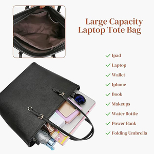 Women's Soft PU Leather Laptop Tote Shoulder <strong>Bag</strong> Two Straps Zipper Closure Letter Decoration Cotton Lining Top Handle for School - Product Image 6