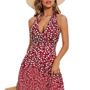 Robe mini polyvalente à imprimé bohème, coupe trapèze, ajustée, taille haute, col en V, sans manches, respirante et lavable - Product Image 1