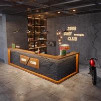 Comptoir de bar en bois massif de style industriel rustique en forme de L avec éclairage LED, durable, résistant à l'eau, pour pub commercial, café, club de motards