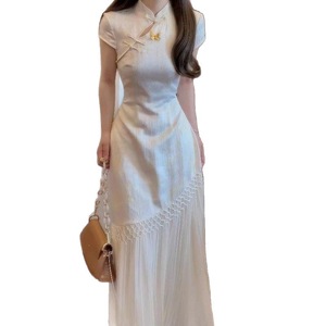 Modern Chinese Style Jacquard Cheongsam Dress With Tassel Design Fitted Waist Women Party Wear - Product Image 5