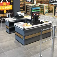 Comptoir de caisse en forme de L pour supermarché, couleur gris turquoise, avec étagère pour sacs, idéal pour les magasins d'alimentation et de détail