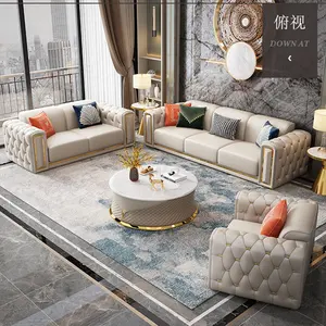 Set Sofa ruang tamu berumbai kulit mewah kombinasi kursi ruang tamu dengan Pak leher dapat disesuaikan