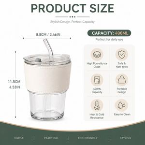 Custom Logo 400ml Glass Coffee <b>Cup</b> with PU Leather Sleeve <b>Reusable</b> Drinking Tumbler with Straw and Lid for Promotional Gifts - Product Image 3