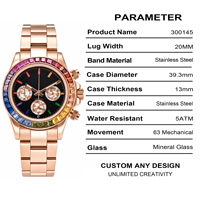 Maßgefertigte Modische Roségold Regenbogen-Edelstein Lünette Automatische Mechanische Chronograph-Uhr 50 Bar Wasserdicht 20mm Edelstahl Weltuhr