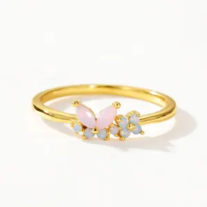 Nagosa Wholesale Price 9k 14k 18k Gold Vermeil 925 Sterling Silver Milky Opal Pink Nano Butterfly Ring