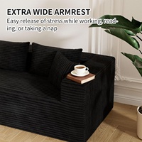 Canapé d'angle moderne en velours côtelé noir, deux places, avec chaise longue, assise profonde, accoudoirs extra larges, support lombaire, rembourrage en mousse, idéal pour appartement