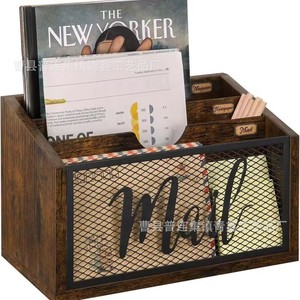 Caja organizadora de correo de madera y hierro para escritorio con frente de malla para almacenamiento de revistas y periódicos - Product Image 1