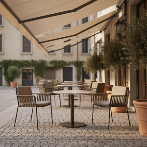 Moderne Buitenmeubelen Bistroset, Op Maat Gemaakt Aluminium Frame Stoelen & Ronde Tafels, Op Maat Gemaakte Zitplaatsen voor Stedelijke Bistro's - Product Image 2