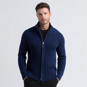 Cárdigan de <span class=keywords><strong>Hombre</strong></span> con Cuello Camisero y Cierre de Cremallera, Mezcla de Lana Merino, Manga Larga, Cierre Completo, Antibolitas, Transpirable, <span class=keywords><strong>Azul</strong></span> <span class=keywords><strong>Marino</strong></span> - Product Image 1