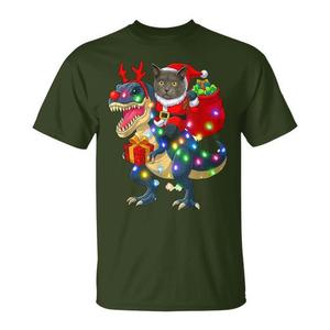 Santa Cat Riding Dinosaur <b>Xmas</b> Lights <b>T</b>-<b>Shirt</b> - Product Image 1