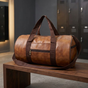 Bolsa de Lona Vintage de Cuero Genuino en Forma de Barril con Cierre de Cremallera, Asa Única, Unisex, para Gimnasio, con Correa para el Hombro - Product Image 1