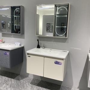 WJL <span class=keywords><strong>Meuble</strong></span>-<span class=keywords><strong>lavabo</strong></span> mural en céramique 80 cm avec éclairage intégré, design moderne résistant à l'humidité, pour salle de bain - Product Image 5
